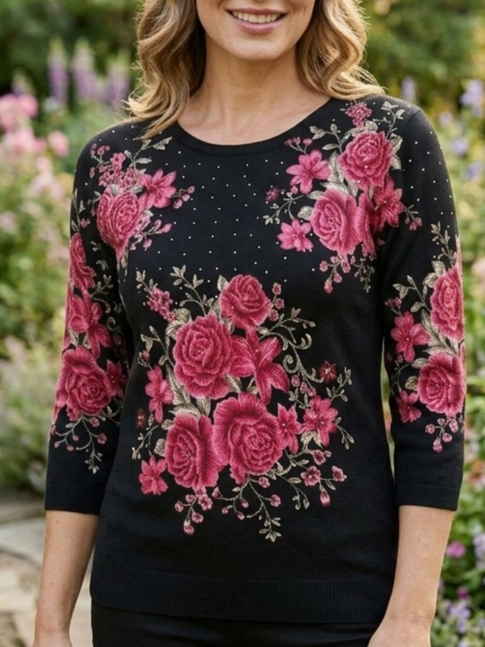 Women's Black and Red Floral Sweater with Rhinestones Emily Daniels 3/4 SMALL